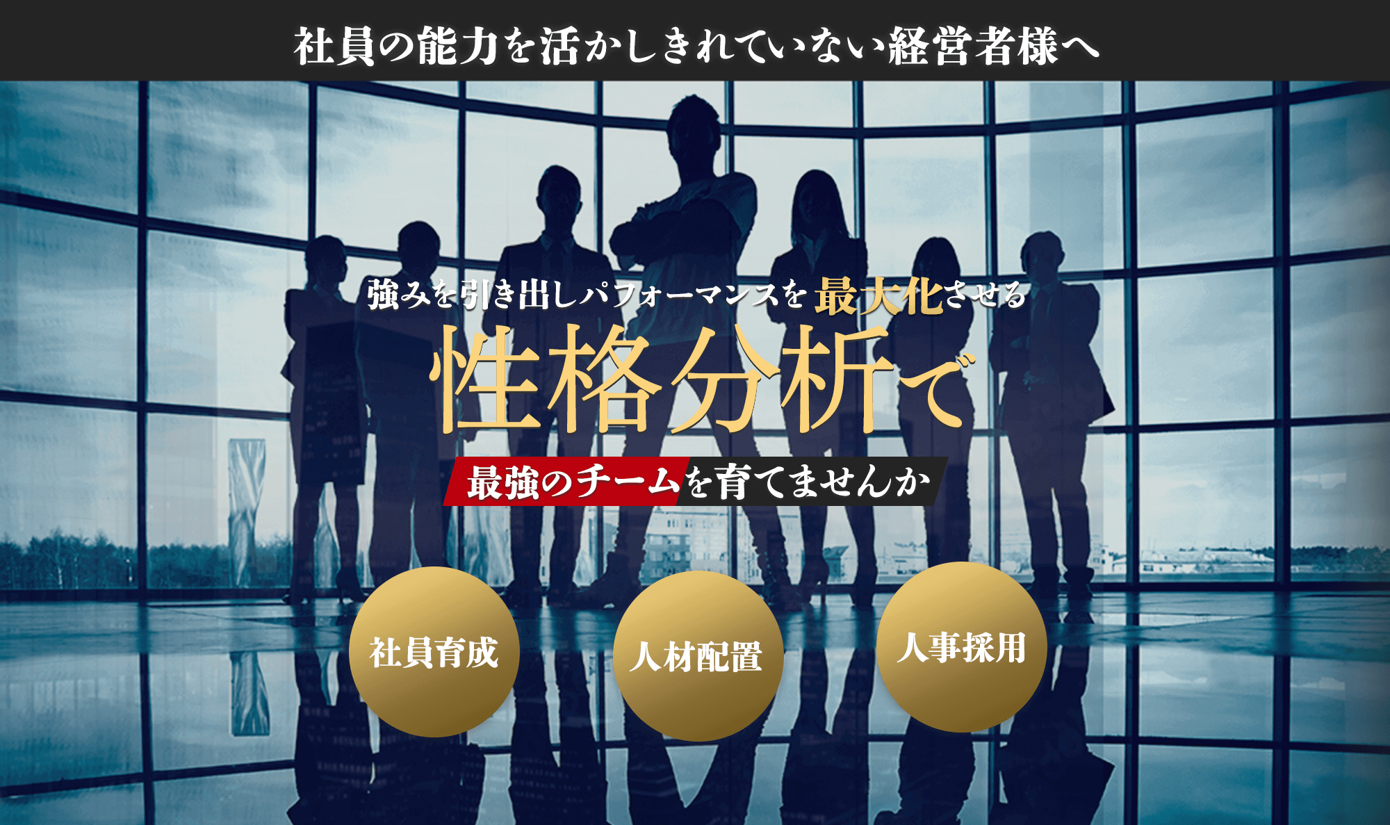 社員の能力を生かしきれていない経営者様へ。強みを引き出しパフォーマンスを最大化させる性格分析で最強のチームを育てませんか。
    社員育成、人材配置、人事採用。