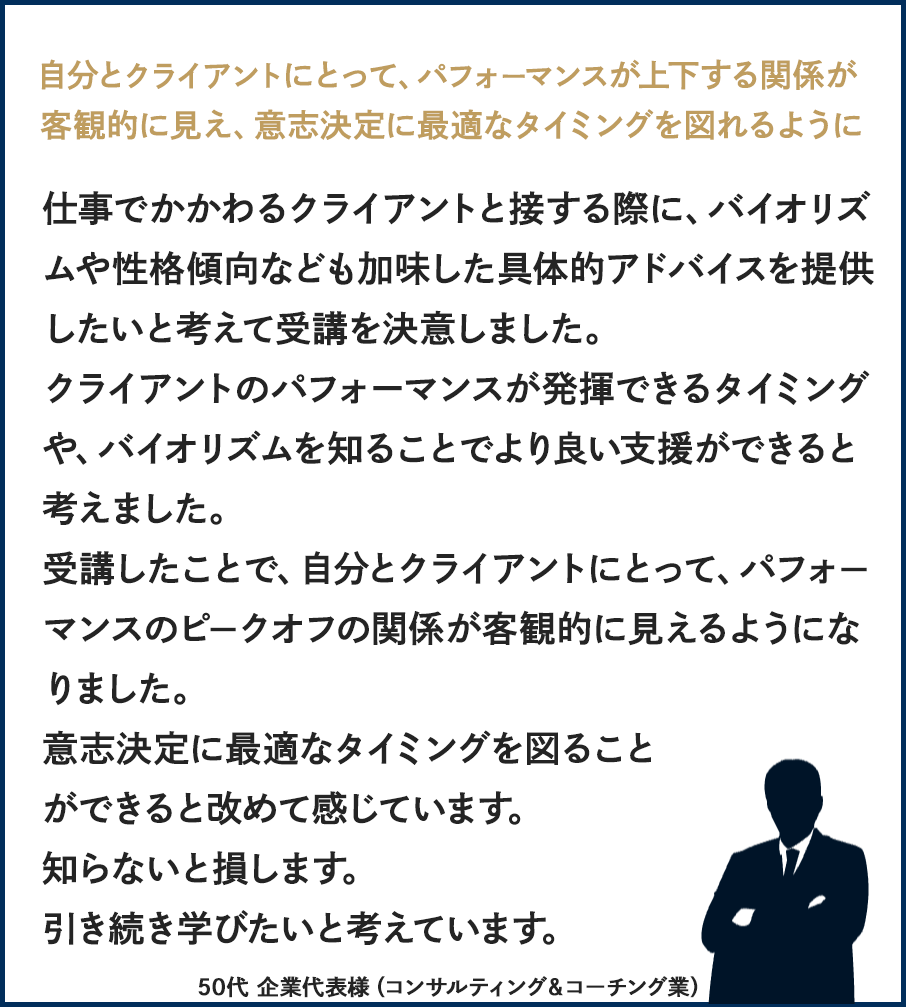 自分とクライアントにとって、パフォーマンスが上下する関係が客観的に見え、意志決定に最適なタイミングを図れるように。
        仕事でかかわるクライアントと接する際に、バイオリズムや性格傾向なども加味した具体的アドバイスを提供したいと考えて受講を決意しました。クライアントのパフォーマンスが発揮できるタイミングや、バイオリズムを知ることでより良い支援ができると考えました。受講したことで、自分とクライアントにとって、パフォーマンスのピークオフの関係が客観的に見えるようになりました。意志決定に最適なタイミングを図ることができると改めて感じています。知らないと損します。引き続き学びたいと考えています。50代・企業代表様（コンサルティング＆コーチング業）